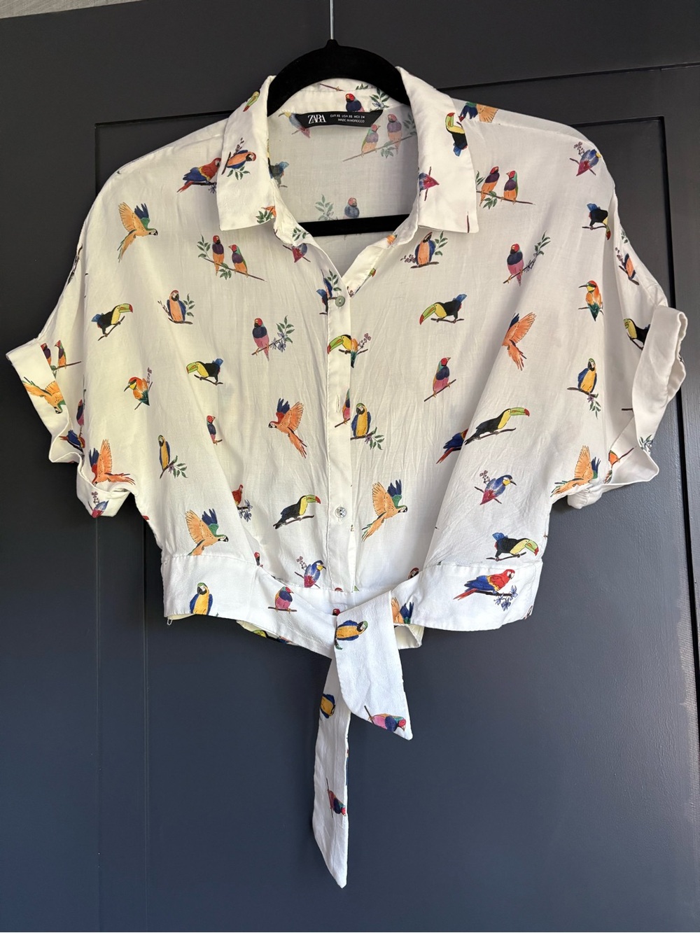 Zara White Cropped Tie-Front Shirt with Multicolor Bird Print